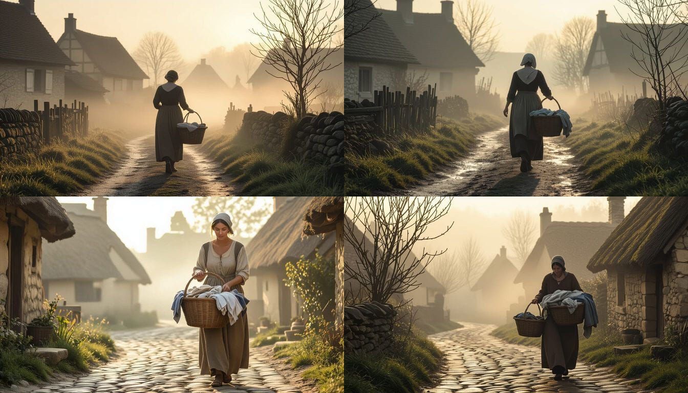 Medieval Woman with Laundry in Misty Village