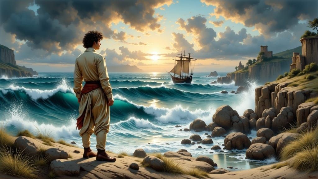 Lord Byron on Windswept Shore in Oil Paint Style