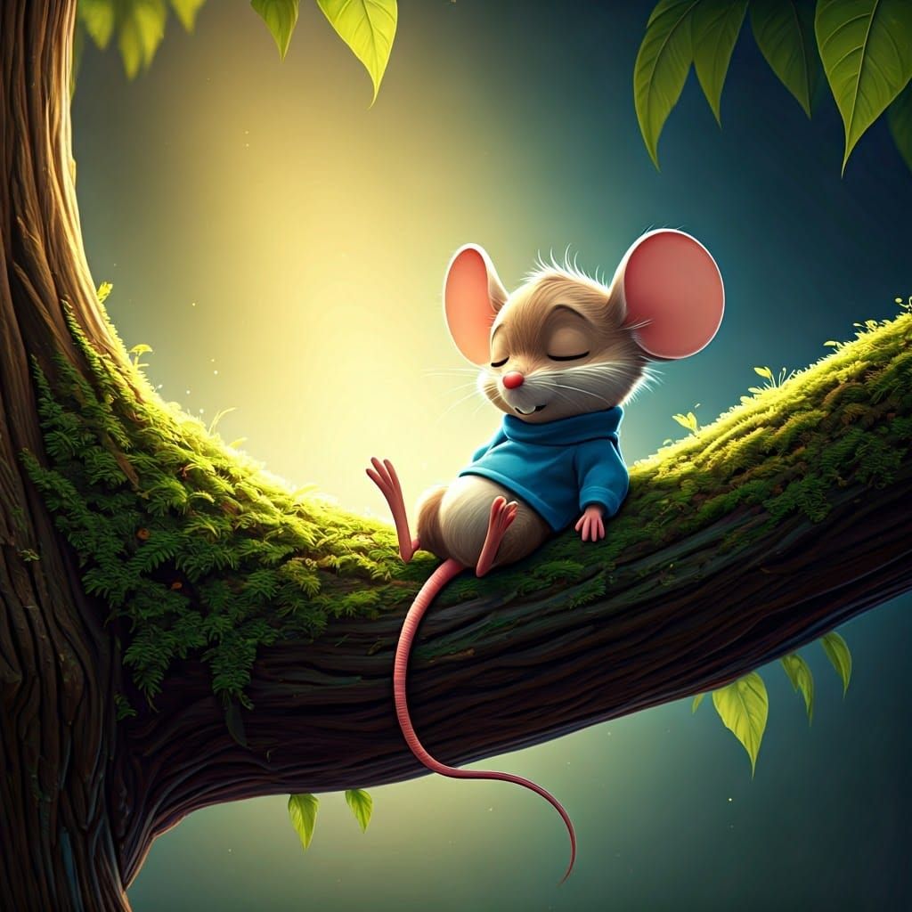 Whimsical Mouse Slumbers in Vibrant Tree Haven