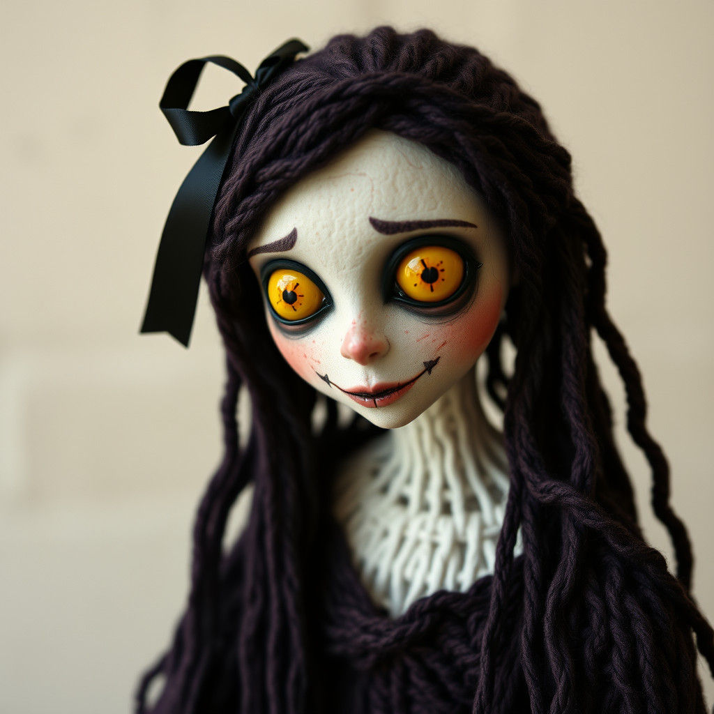 Eerie Knitted Clay Woman with Glassy Eyes