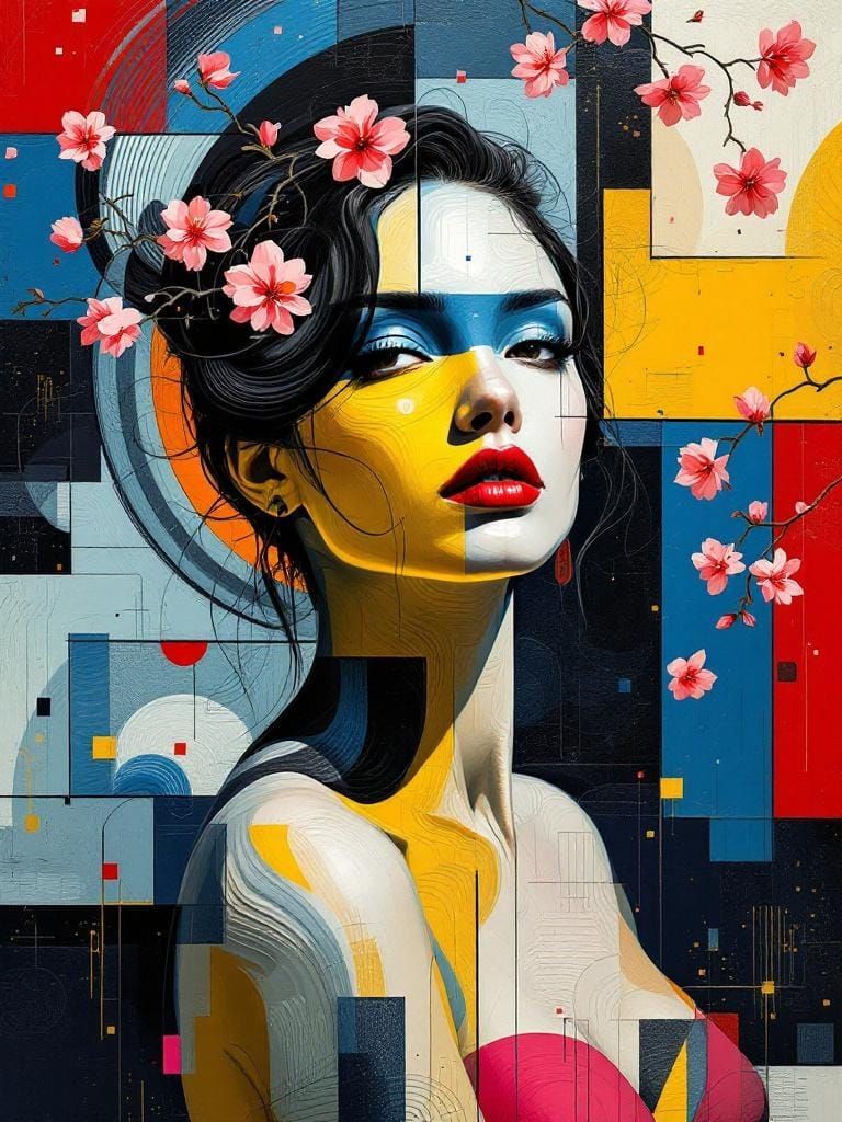 Geometric Figure in Cherry Blossom Garden: Impasto Painting