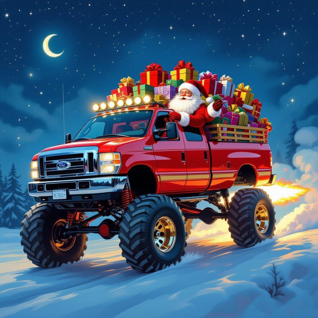 Santa's Rocket-Powered Toy Van Soars Through Night Sky