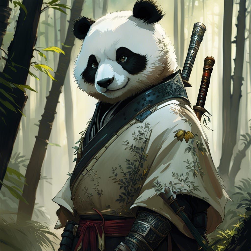 Panda Samurai in Forest, Detailed Matte Painting