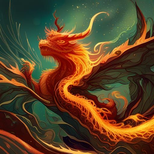 Fiery Dragon with Golden Outlines, Digital Art