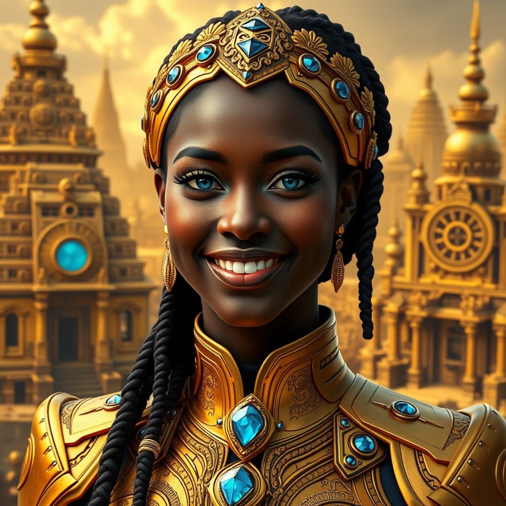 Futuristic Woman with Golden Cityscape, Digital Art