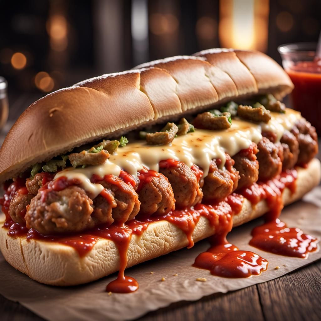 Delicious Hyperrealistic Meatball Sub with Cheese and Sauce