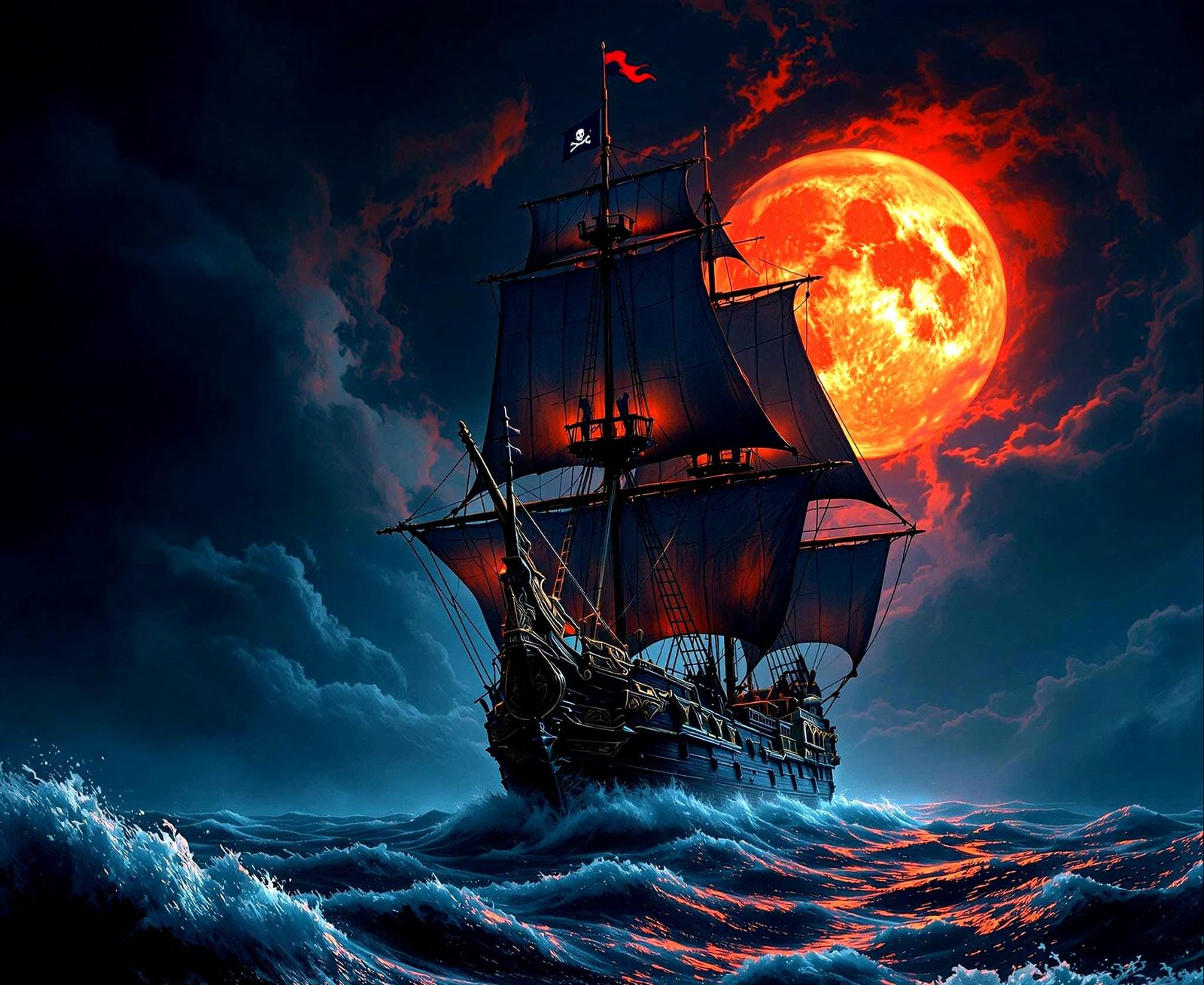Pirate Ships Under a Blood Moon in Detailed Matte Painting