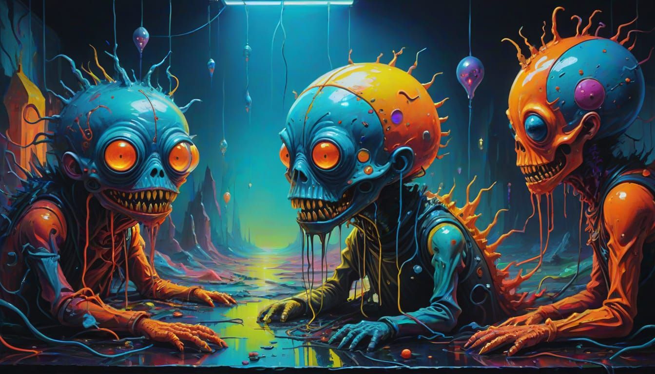 Surreal Oil Painting of Strange Creatures in Electric Colors