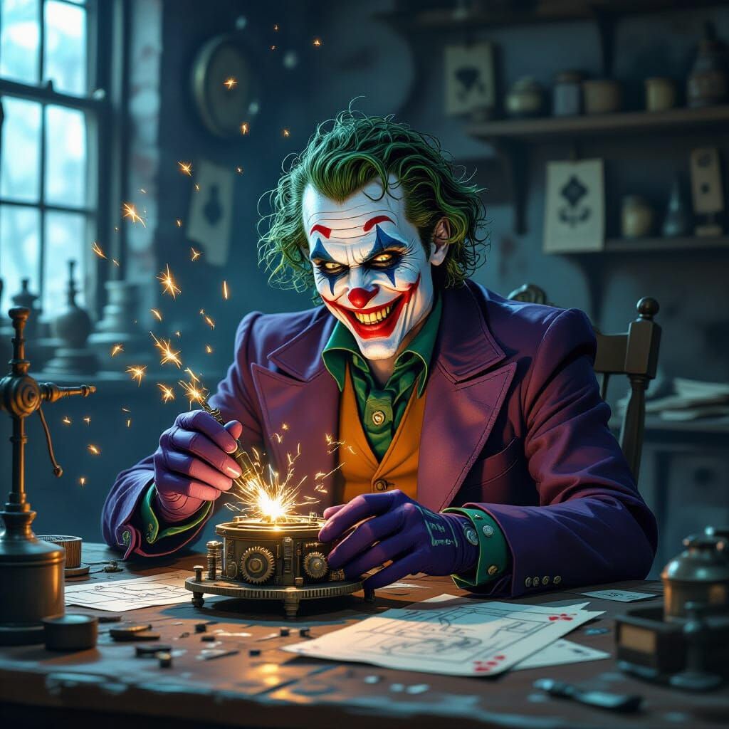 Steampunk Joker Inventor Tinkers with Bizarre Contraption