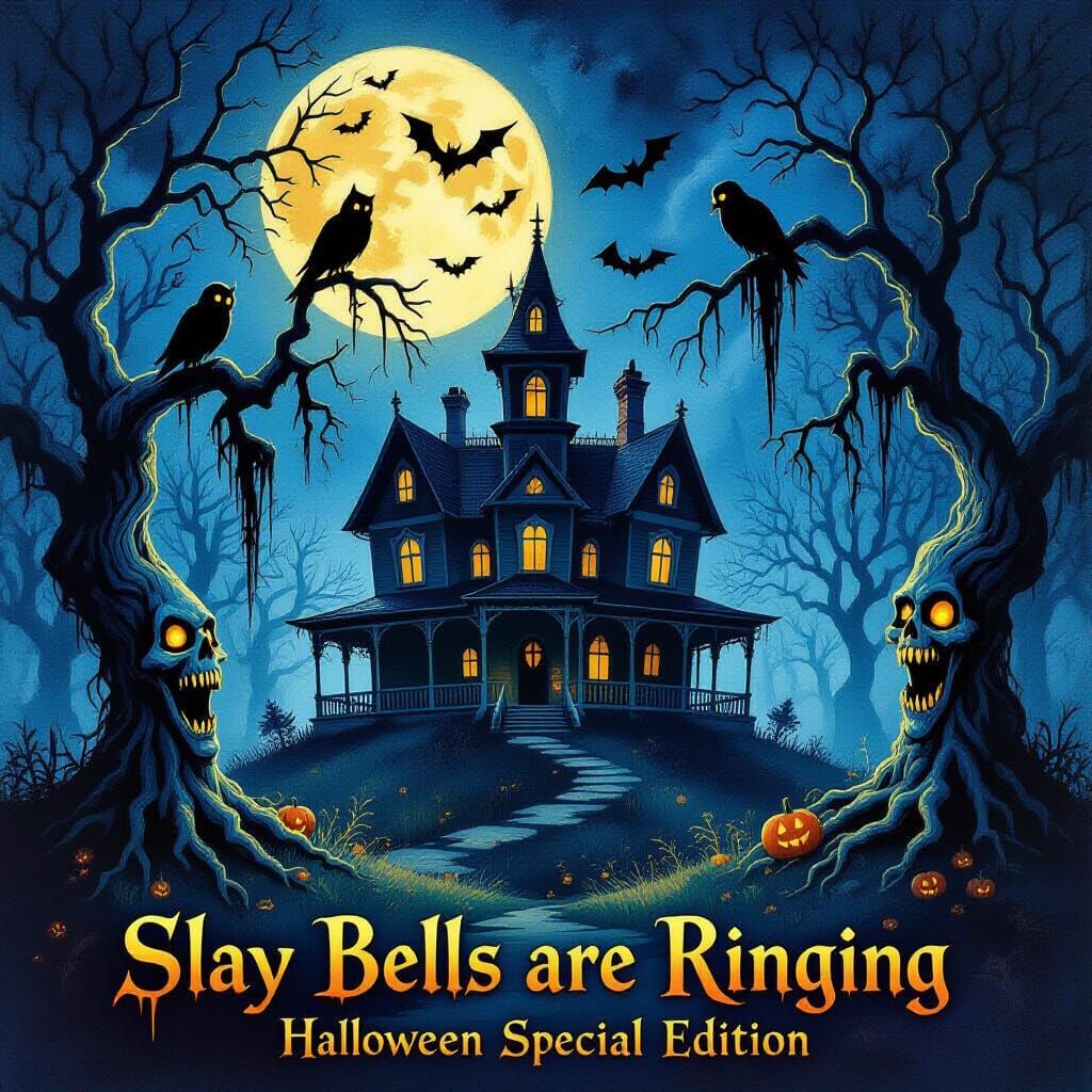 Haunted Mansion on Spooky Hill Under Full Moon