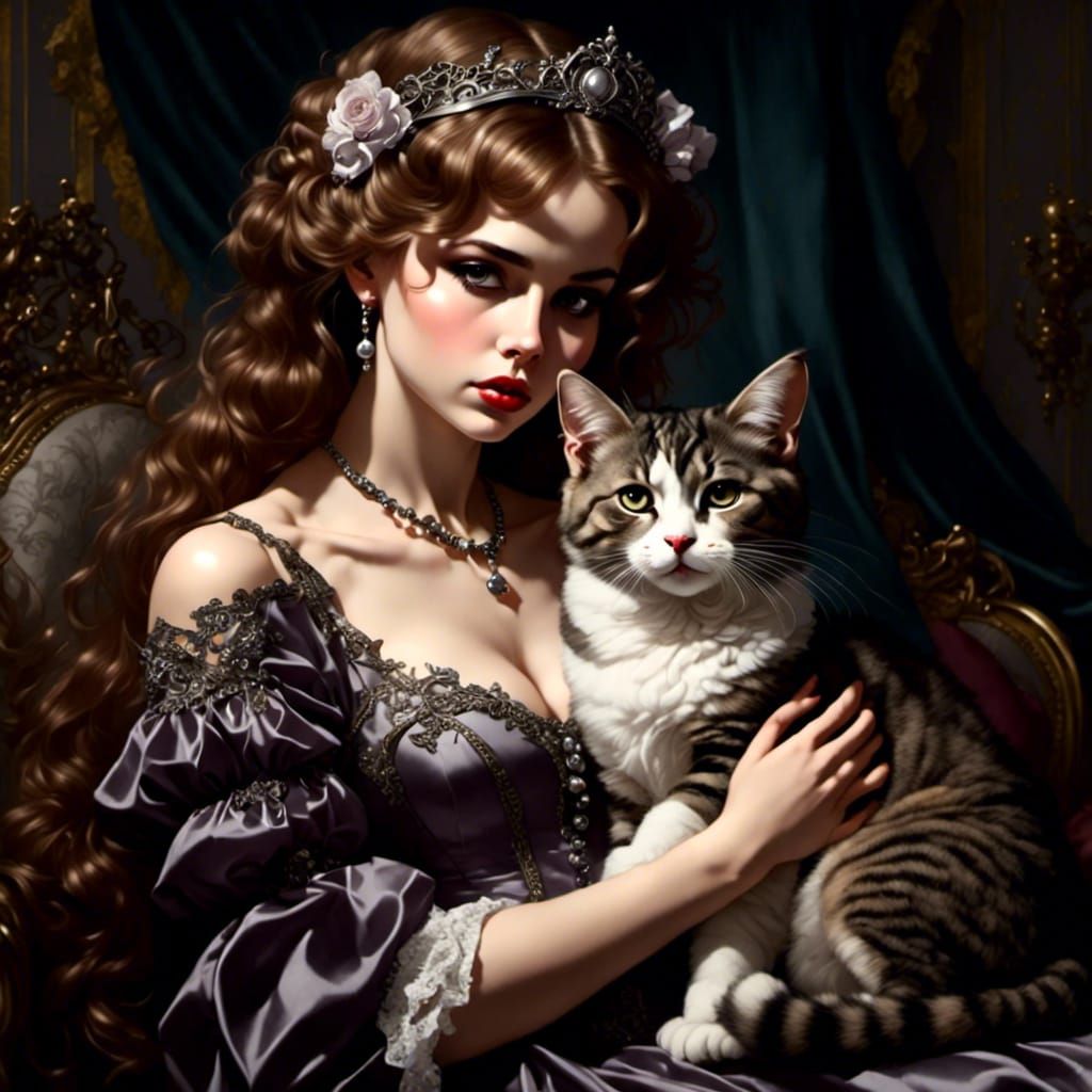 Angel with Tabby Cat in Gothic Glamour Style