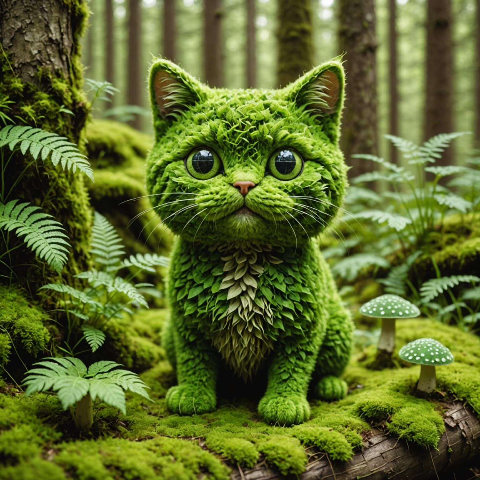 Moss Cat Optical Illusion in Forest Scene