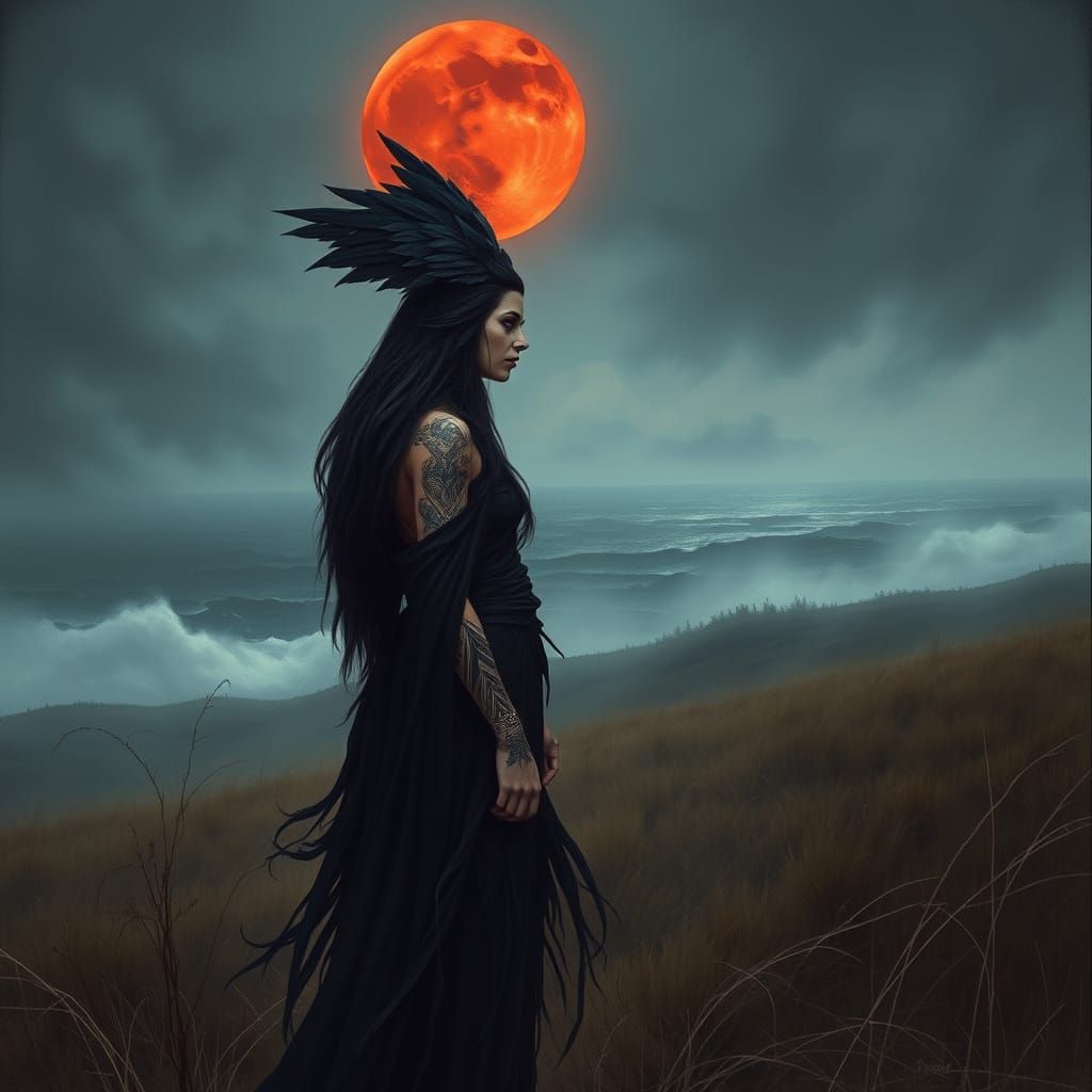 Dark Fantasy Sorceress Raven in Windswept Moor Landscape