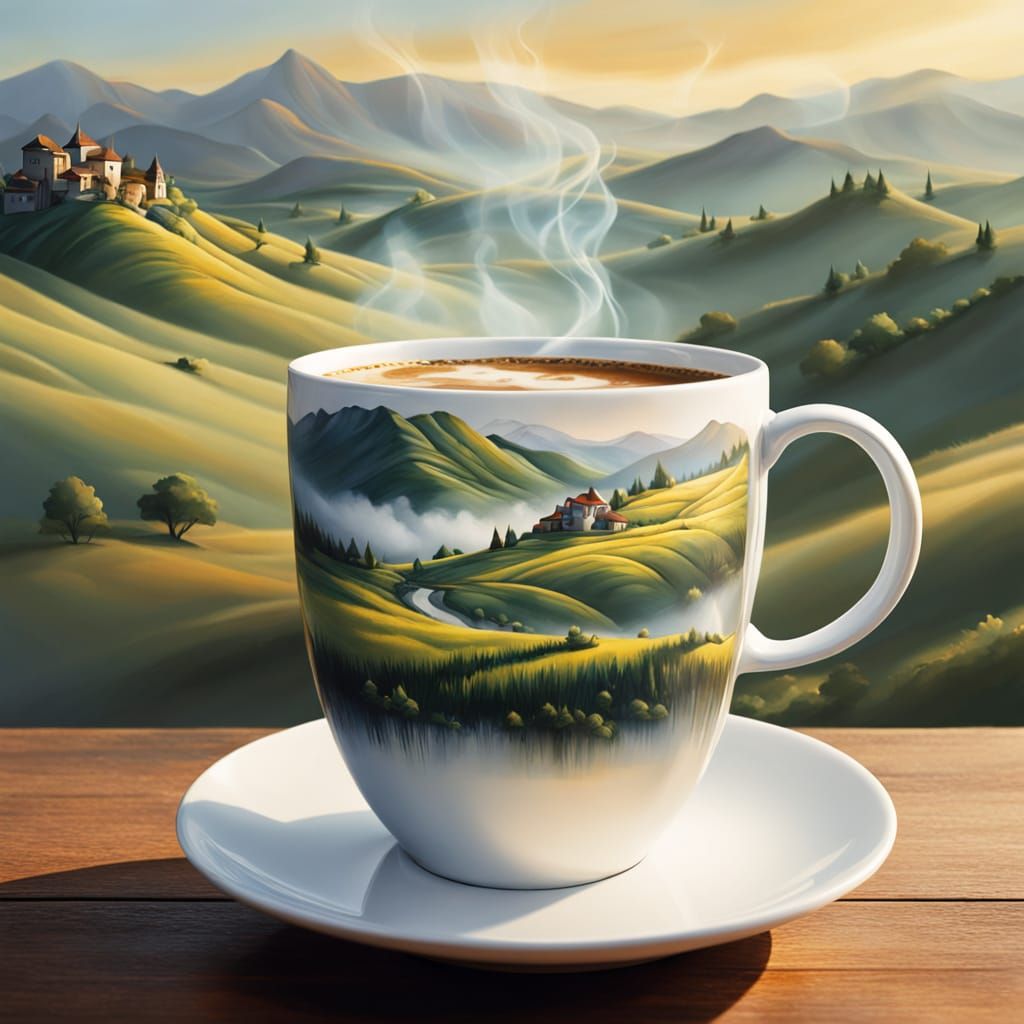 Surreal Landscape Double Exposure Coffee Cup in Oil Painting...