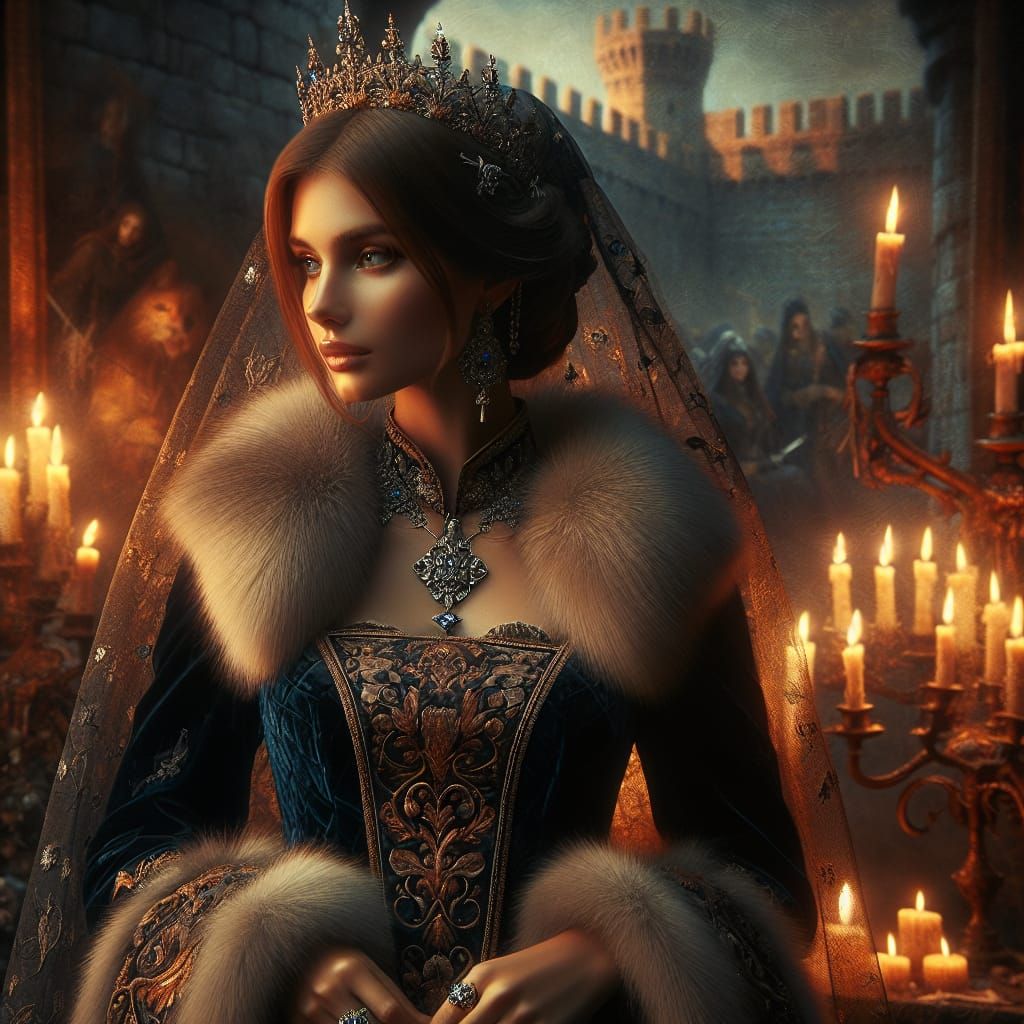 Regal Medieval Bride in Velvet Gown with Golden Embroidery