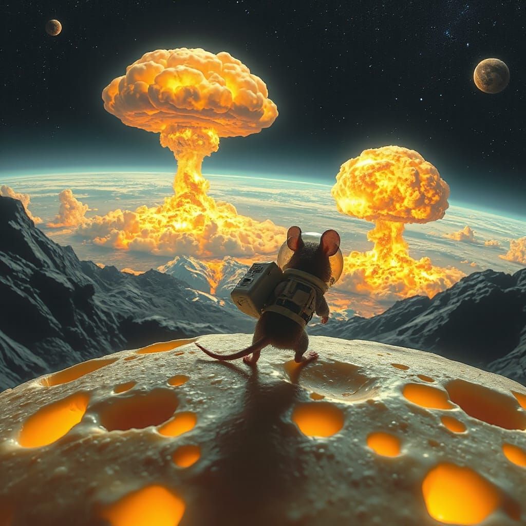 Mouse on Melting Moon Looks Back at Nuclear Apocalypse