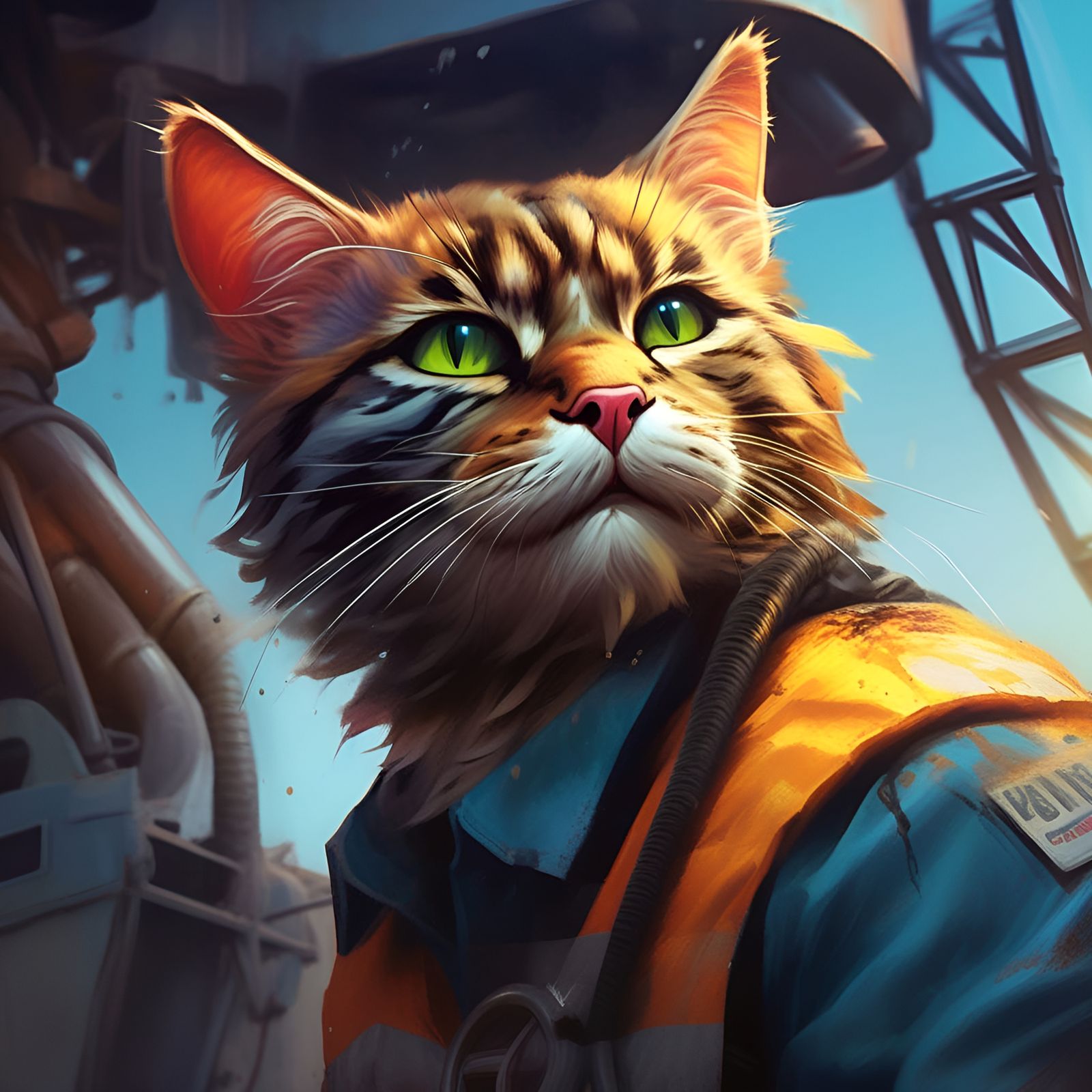 Hyperrealistic Cat Oil Rig Worker Concept Art