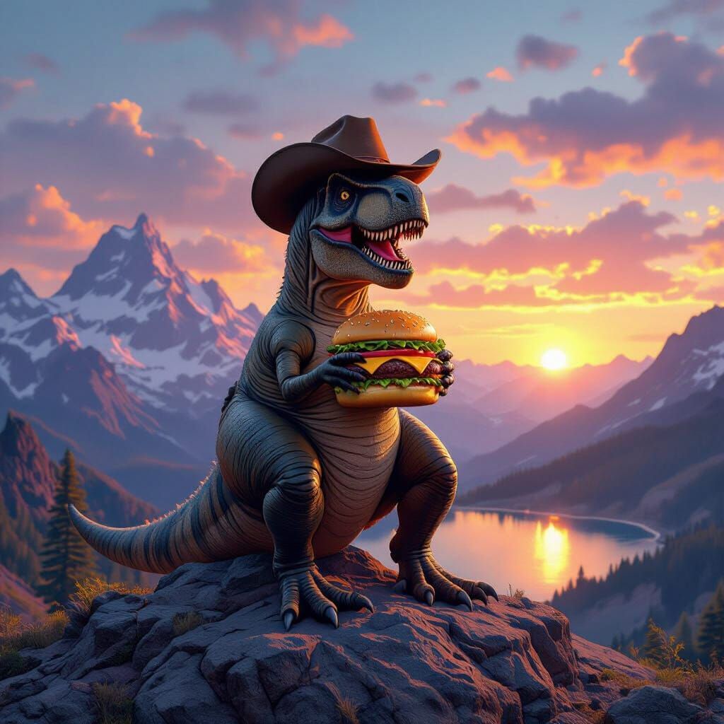T-Rex Cowboy with Cheeseburger: Matte Painting Sunset