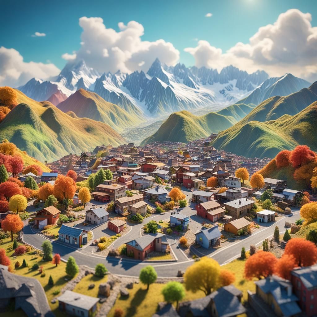 Vivid 3D Diorama of a Thriving Mountain Community