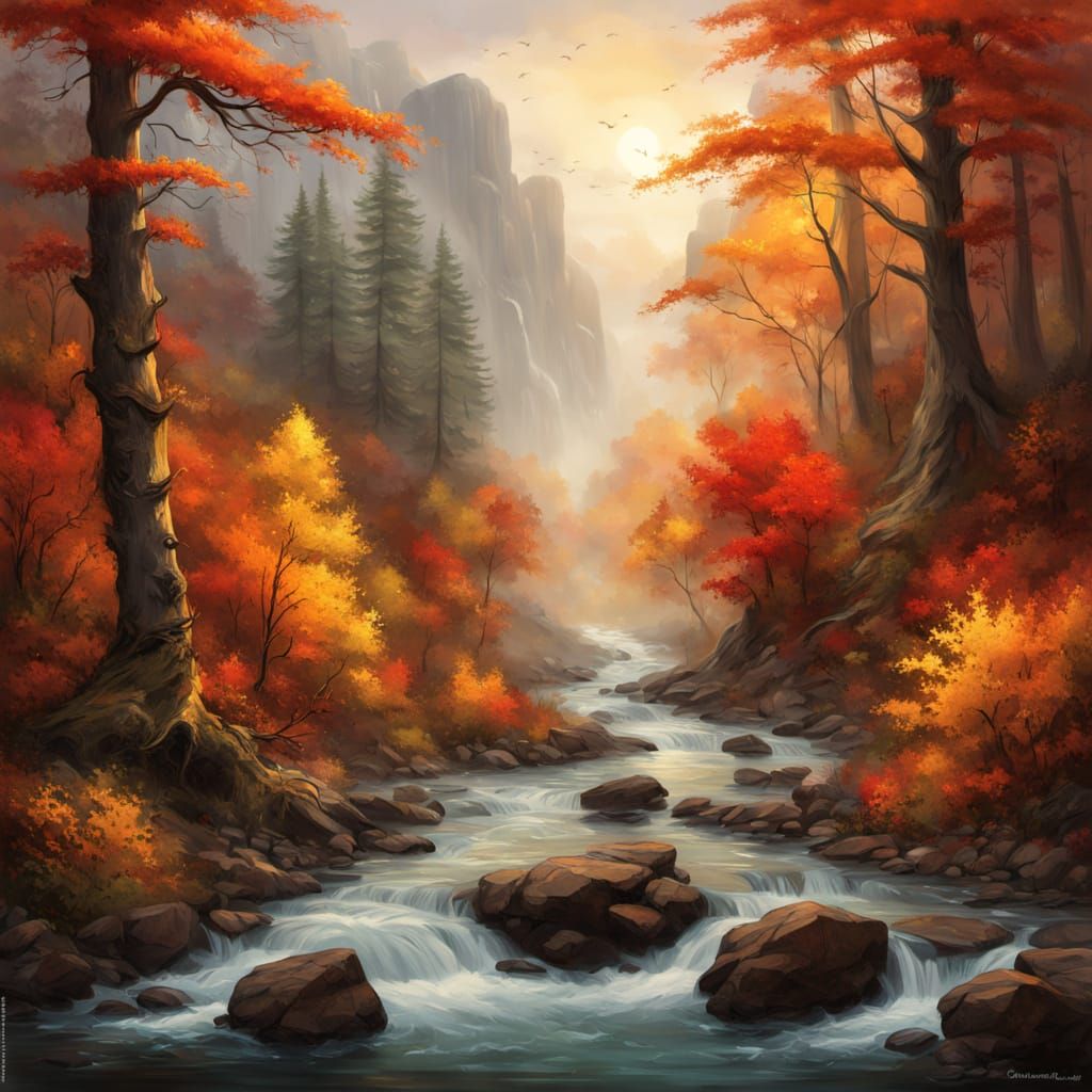 Magical Autumn Forest River in Vibrant Oil Painting Style