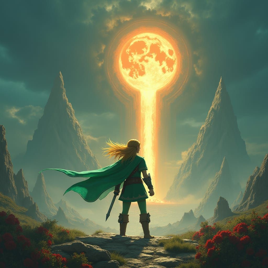 Link Battles in War-Torn Landscape, Matte Painting Style