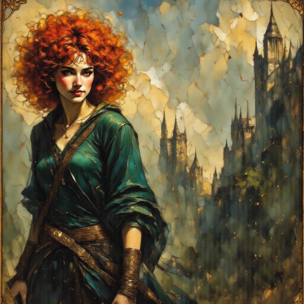 Merida Highland Mystic with Glowing Deer in Misty Scotland