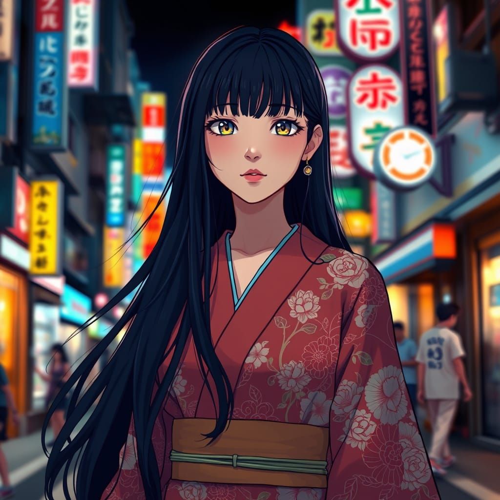Young Woman in Tokyo Streets at Night