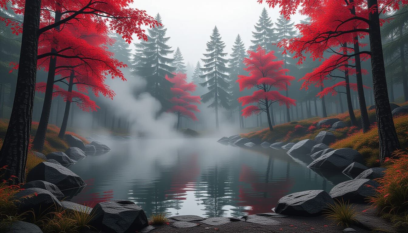 Serene Hot Springs Pool Amidst Crimson Maple Forest