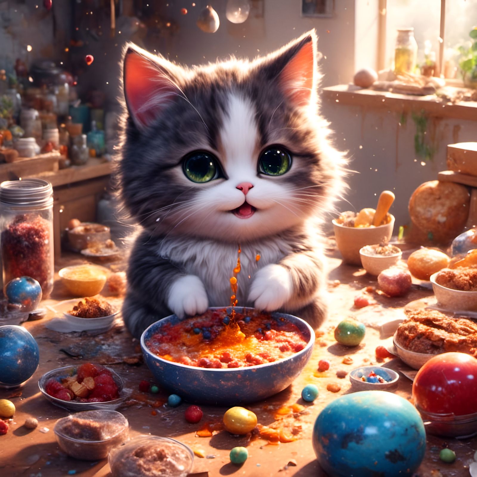 Cartoon Cat with Galaxy Food Bowl Digital Art