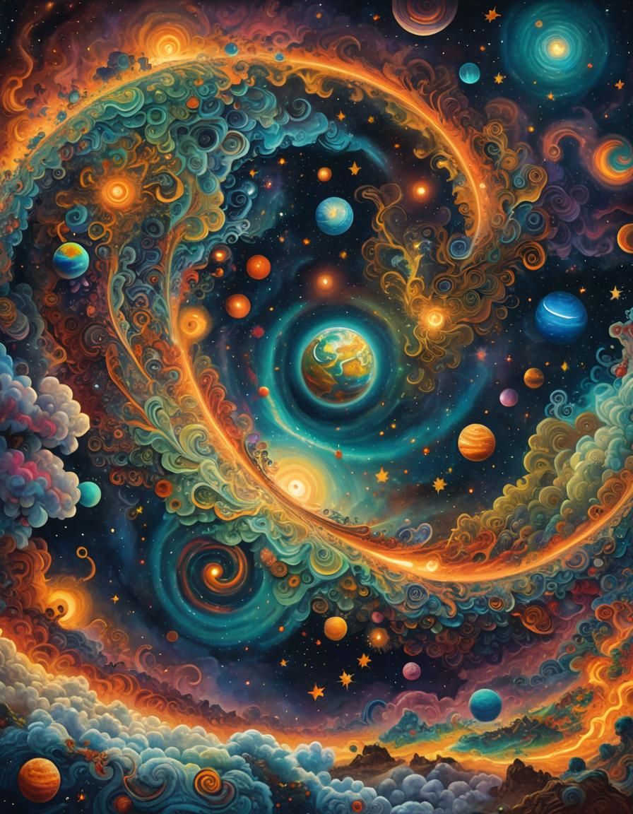 Earth Near Milky Way in Psychedelic Cosmic Style