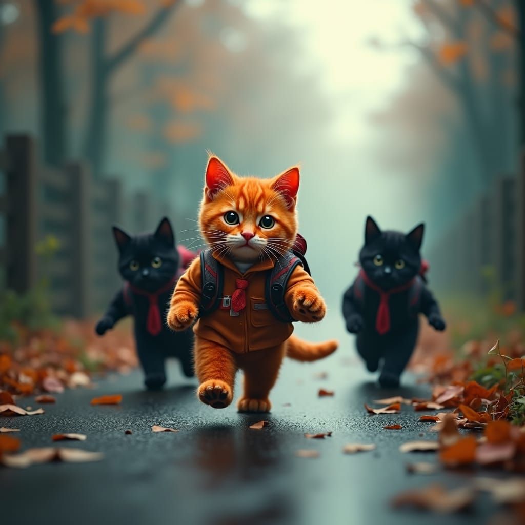 Red Cat Bullied by Black Cats: Fantasy Art