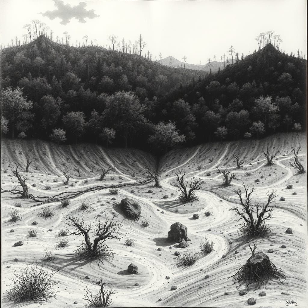 Forest to Desert Transformation in Charcoal Drawing Style