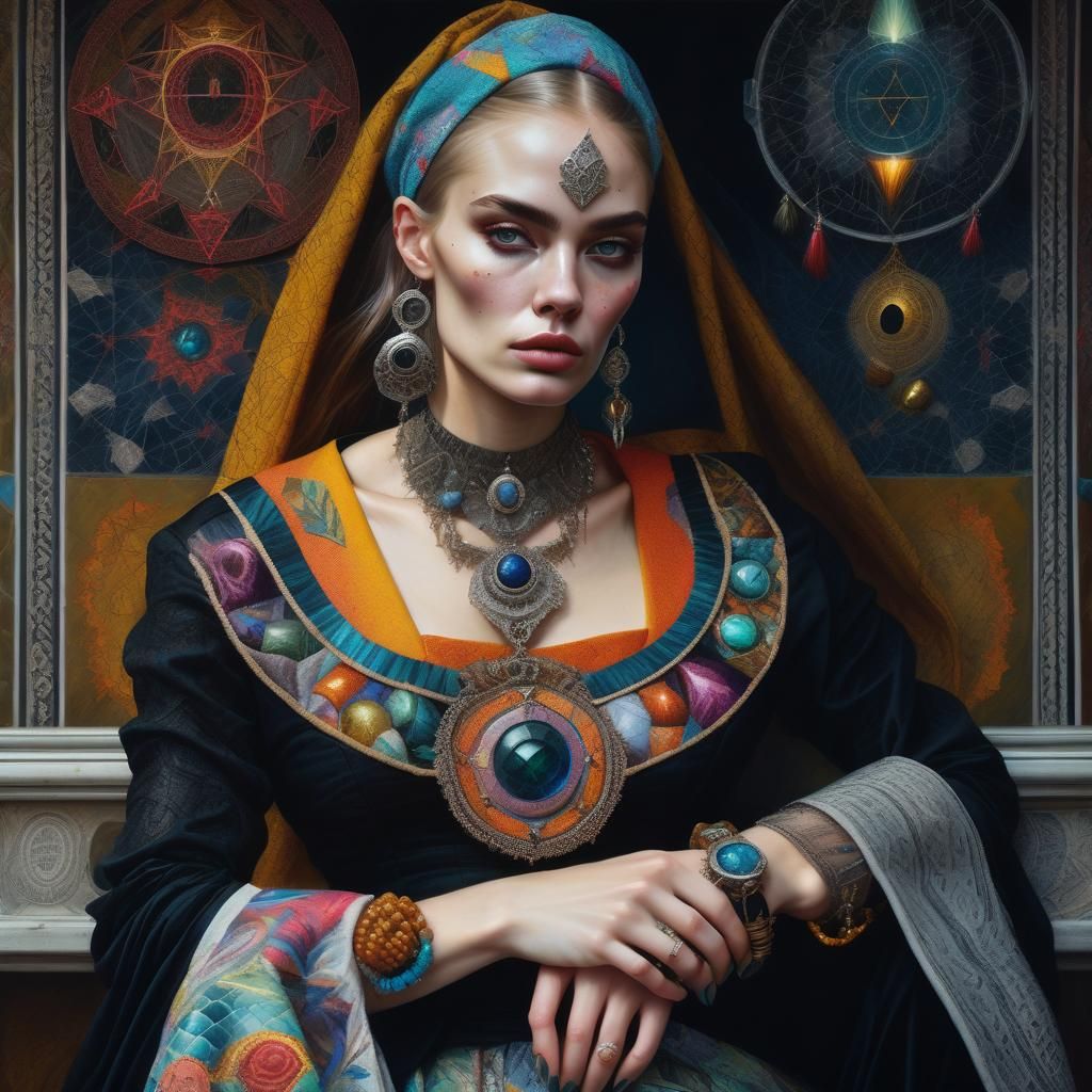 Hyperrealistic Portrait: Woman in Colorful Occult Attire