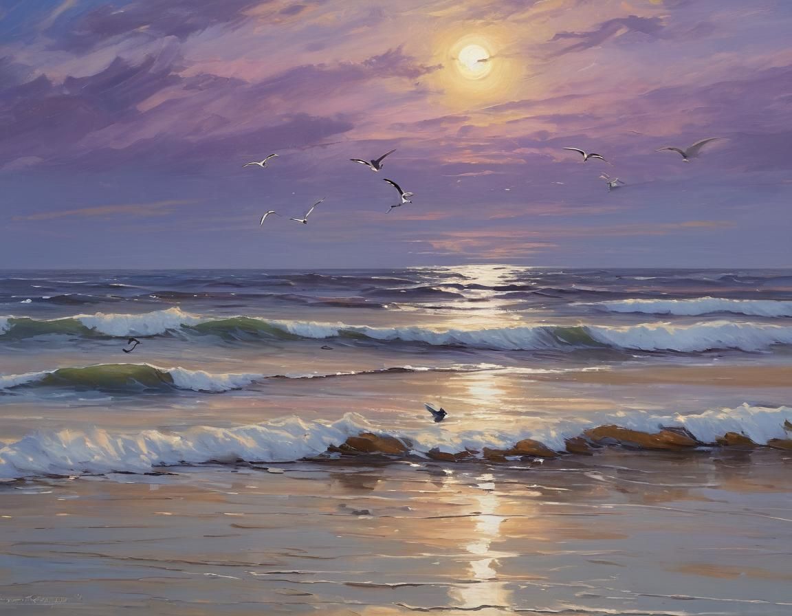 Moonlit Seascape Painting in Impressionist Style