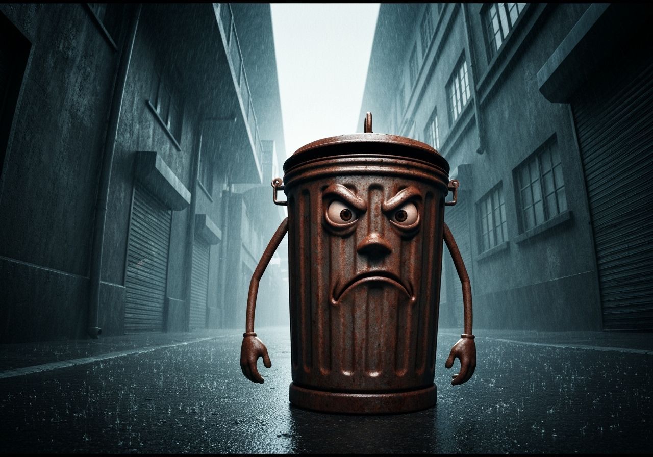 Grumpy Trash Can in Neo-Noir Alleyway
