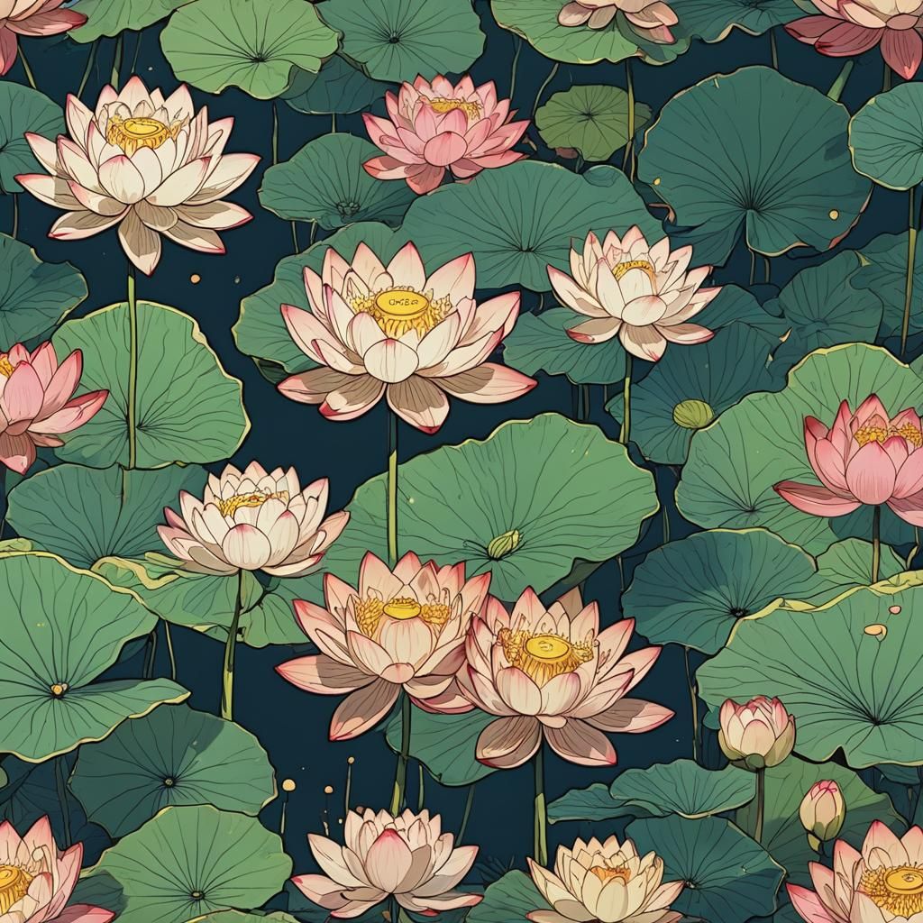 Vintage Lotus Flower Anime Style Illustration
