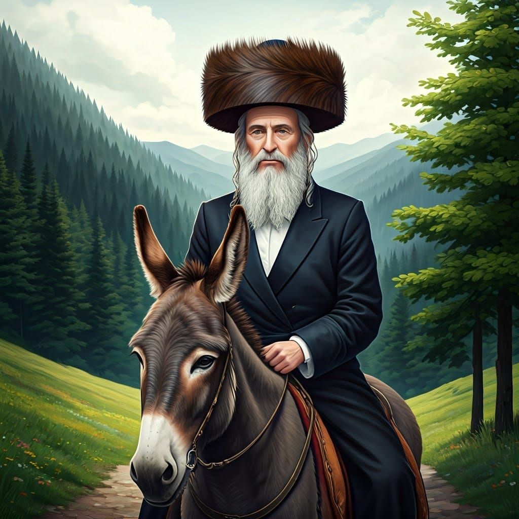 Hasidic Man on Donkey in Carpathian Mountains: 3D Anime Art