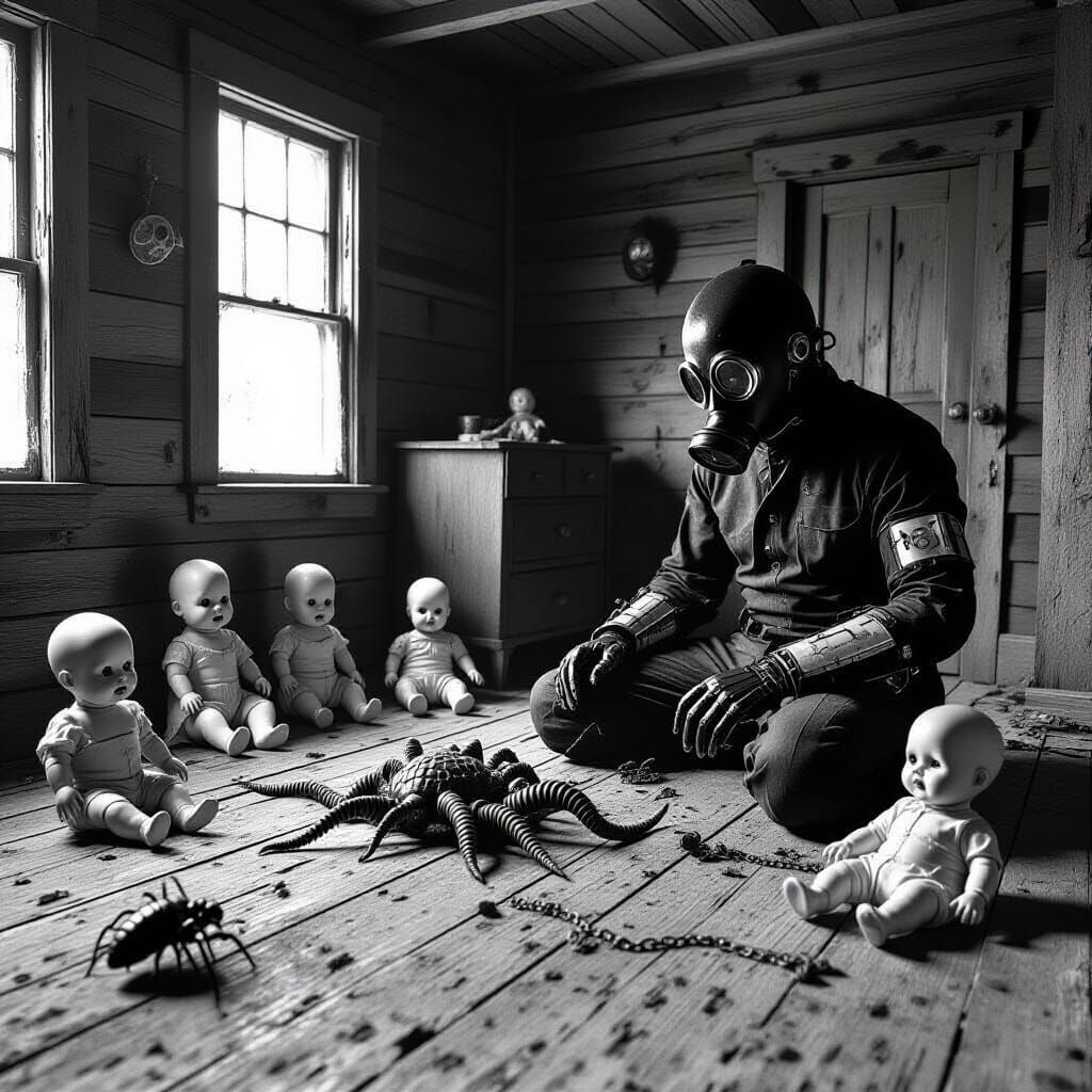 Surreal Horror Scene in Decaying Cabin