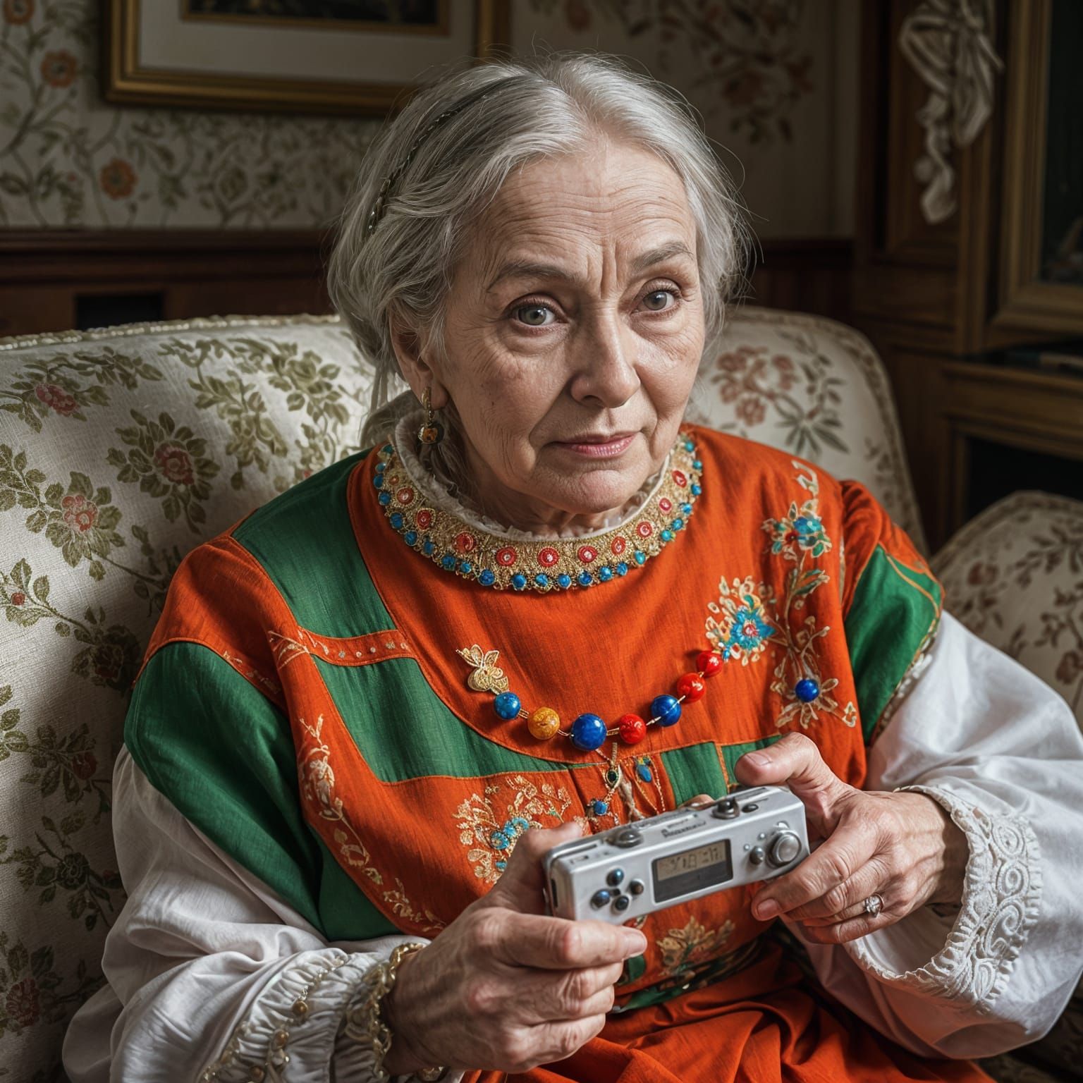 Elderly Russian Woman Plays Nintendo: Hyperrealistic Portrai...
