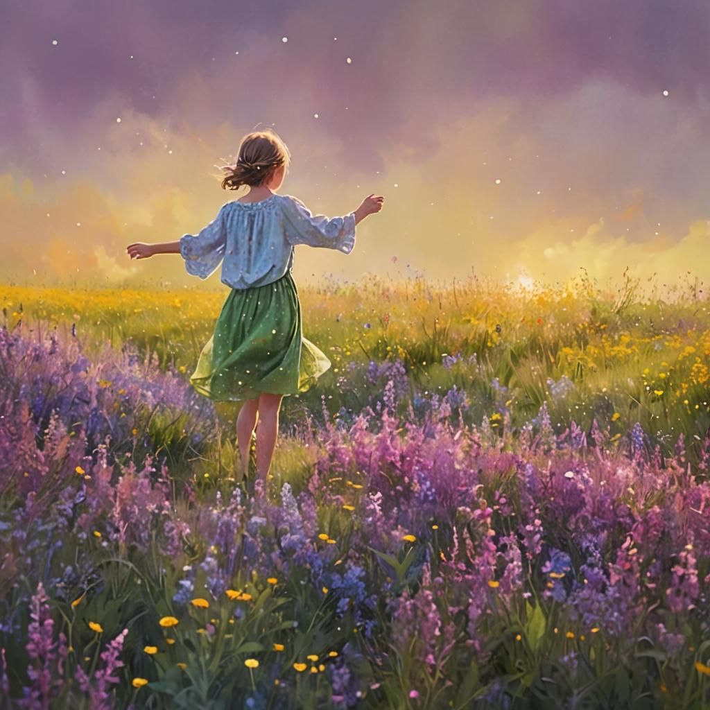 Girl in Meadow: Whimsical Digital Art
