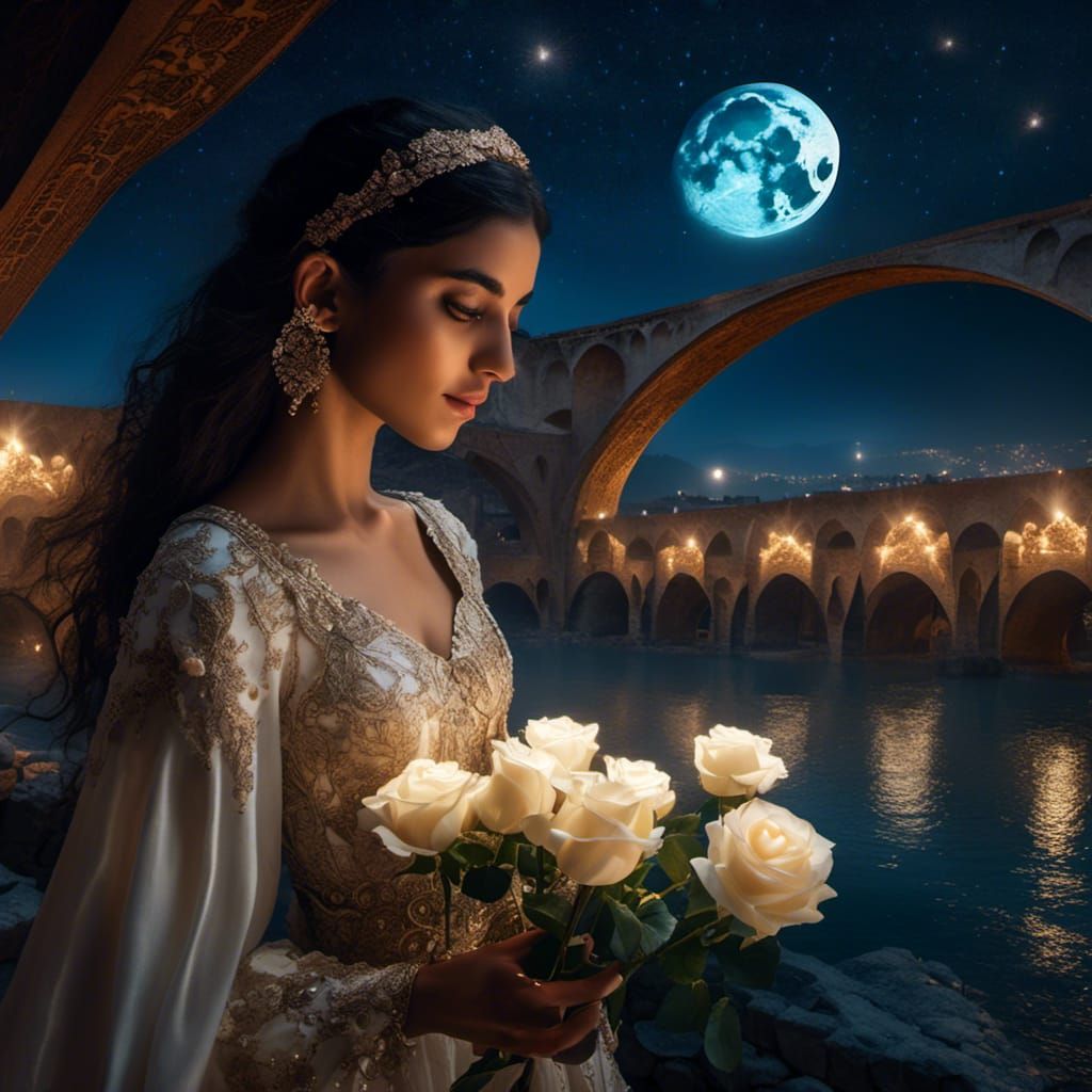 Iranian Girl with Rose at Isfahan Bridge, Digital Painting