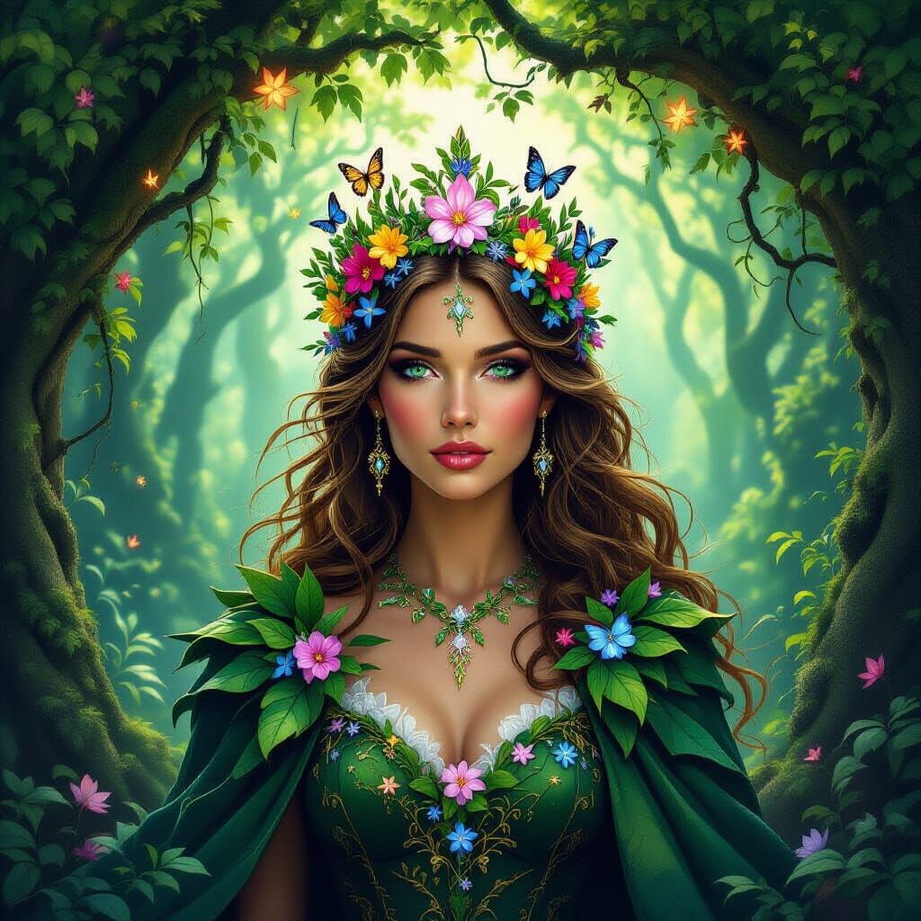 Nature Queen in Enchanted Forest with Glowing Flora