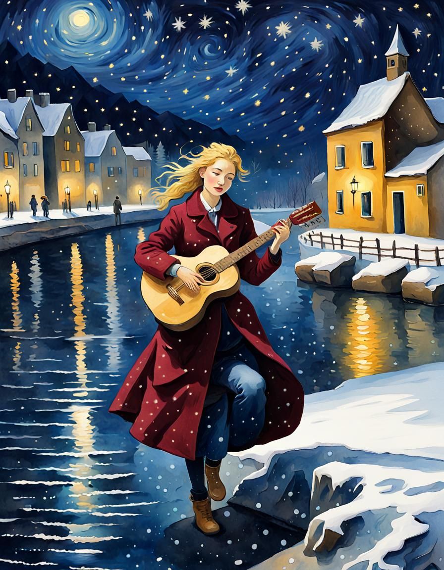 Golden Haired Woman Plays Guitar by Snowy River