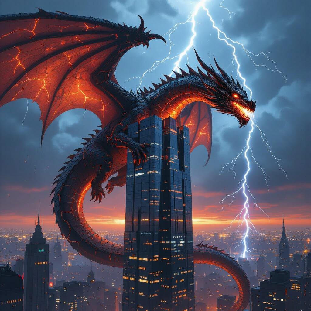 Dragon Coiled Around Skyscraper in Cyberpunk City