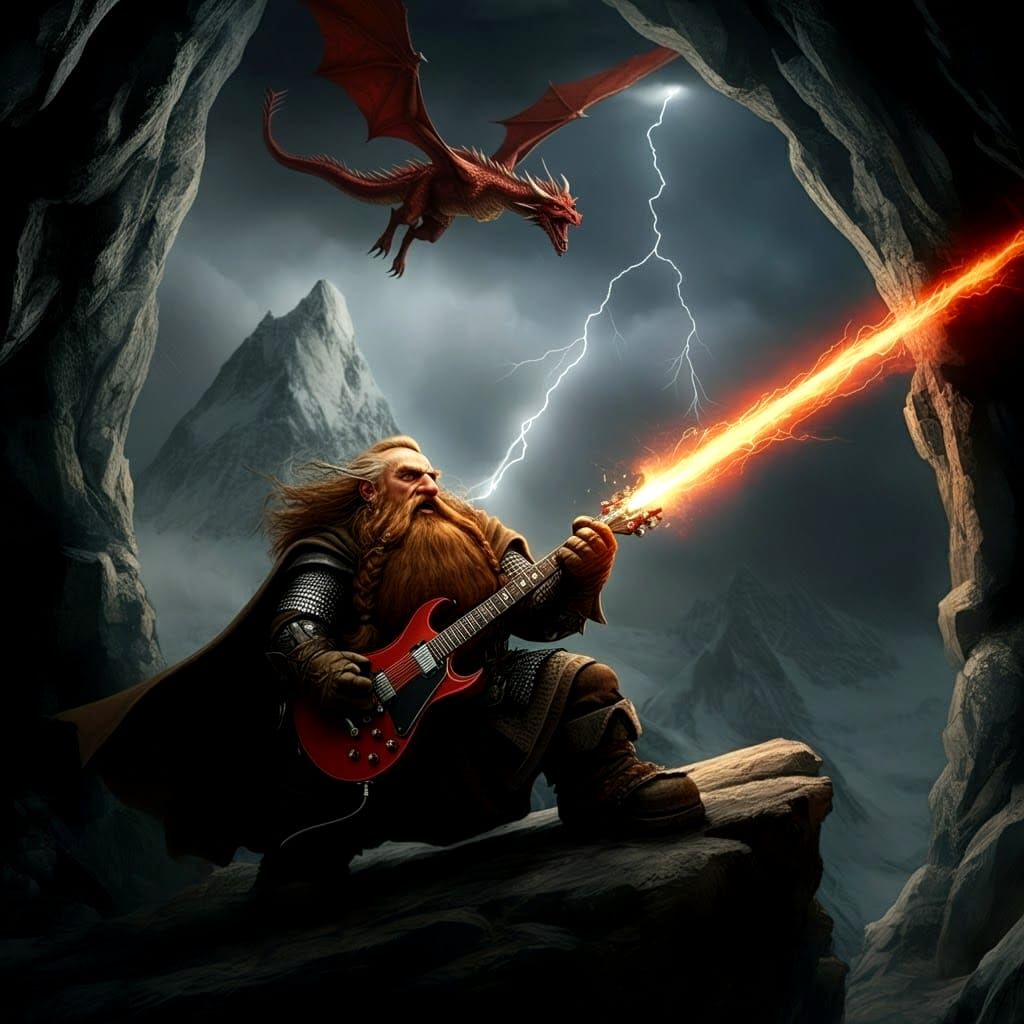 Dwarf Guitarist Confronts Dragon in Lord of the Rings Style