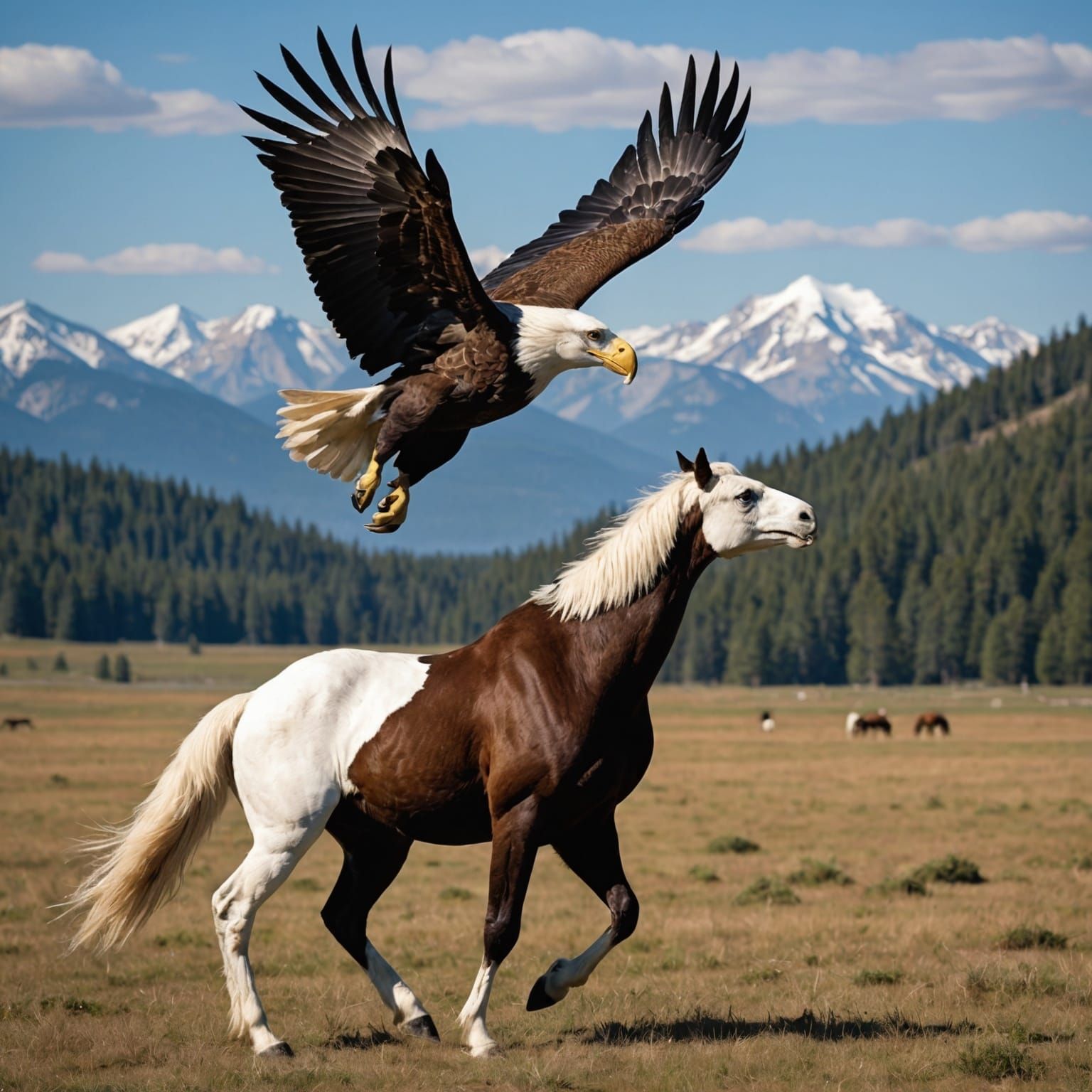 Bald eagle flying above horse
