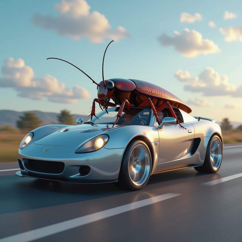 Hyperrealistic Cockroach Drives Metallic Car