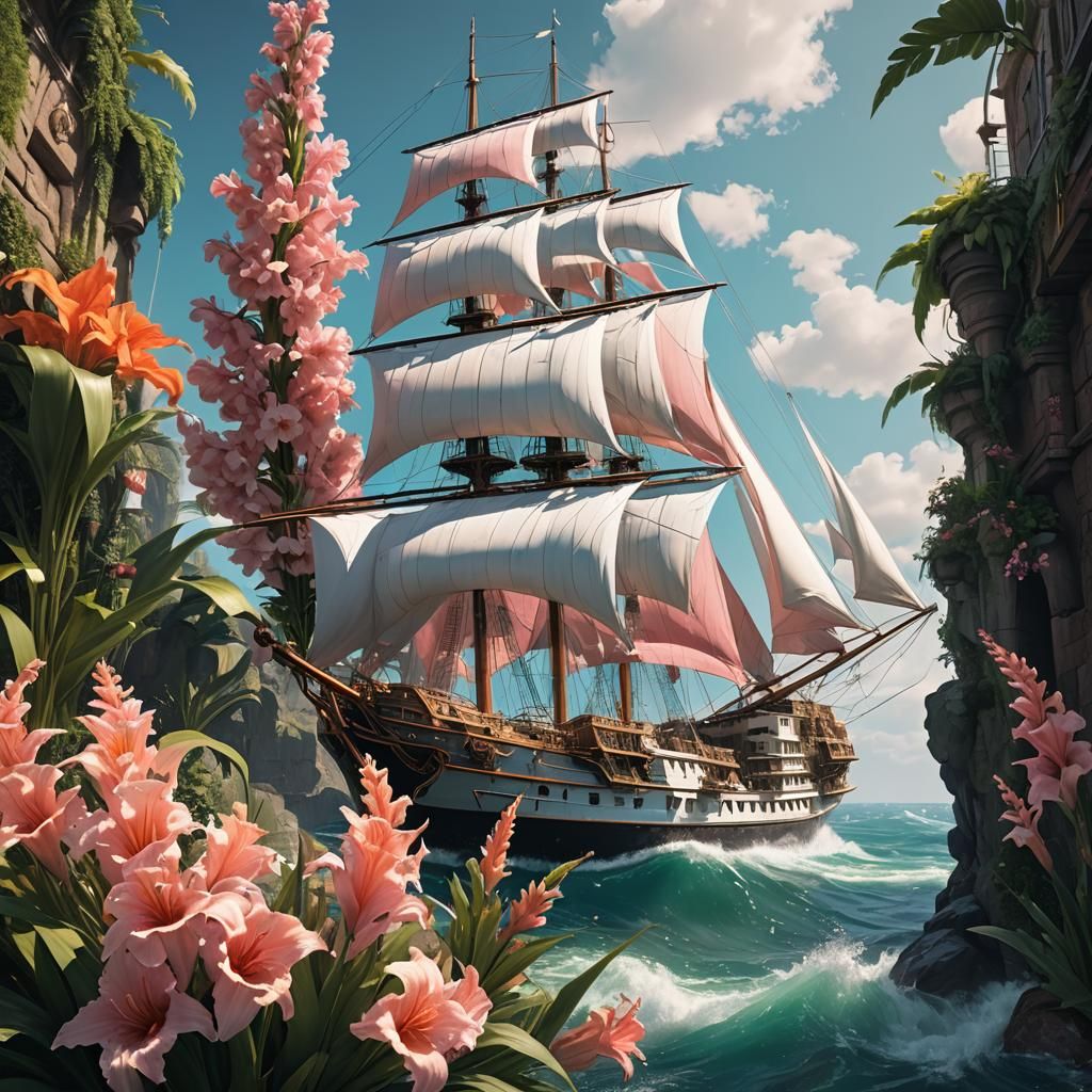 a huge white ship, pink gladioli 2