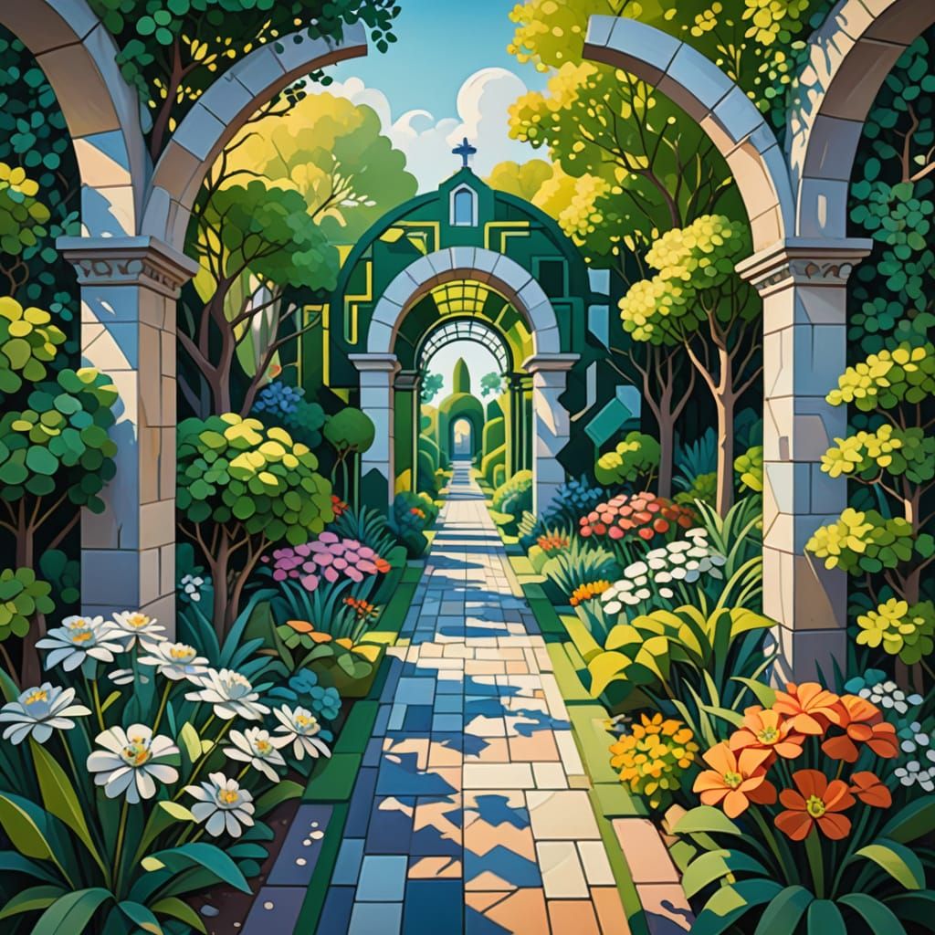 Neo-Cubist Garden Path with Silver Flowers