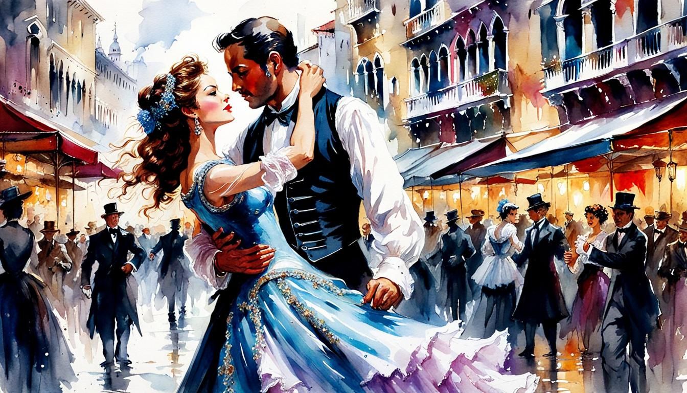 Victorian Couple Dancing in Venice: Watercolor Art